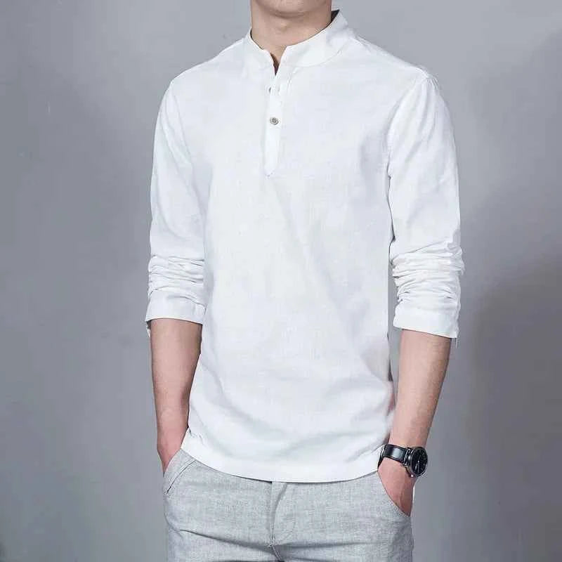 Men's Clothing  Men Spring Tops & Tees Male Fashion T-Shirts Stand Collar Long-sleeved Slim Base Shirt Homme Linen t-shirt