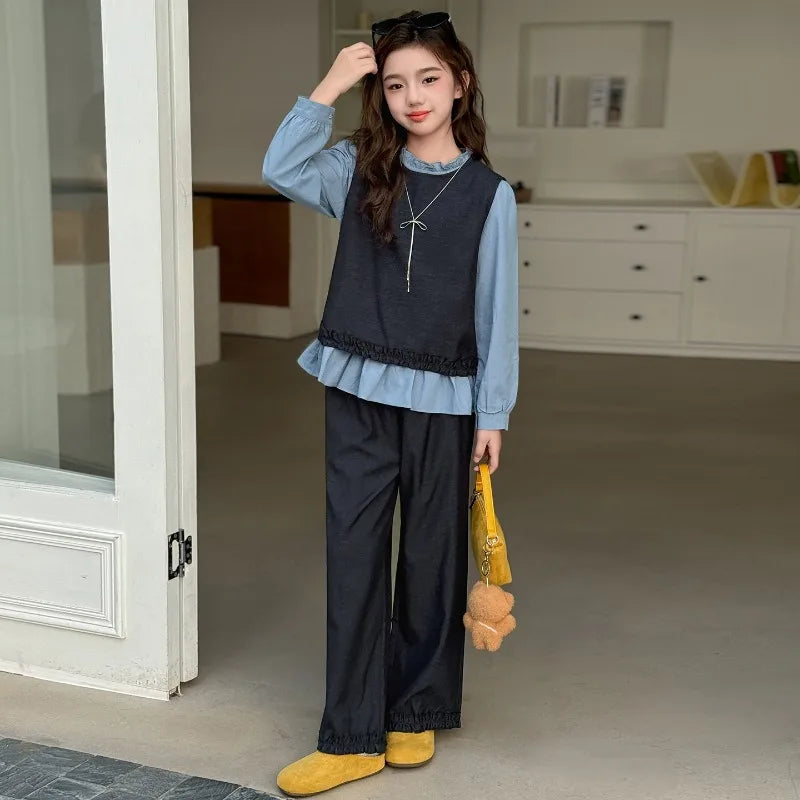 Back To School Clothing for Girls Outfits Set Toddler Kids Vest +Blue Shirt + Pants 3pcs Teens Kids Costumes Spring Autumn 2025