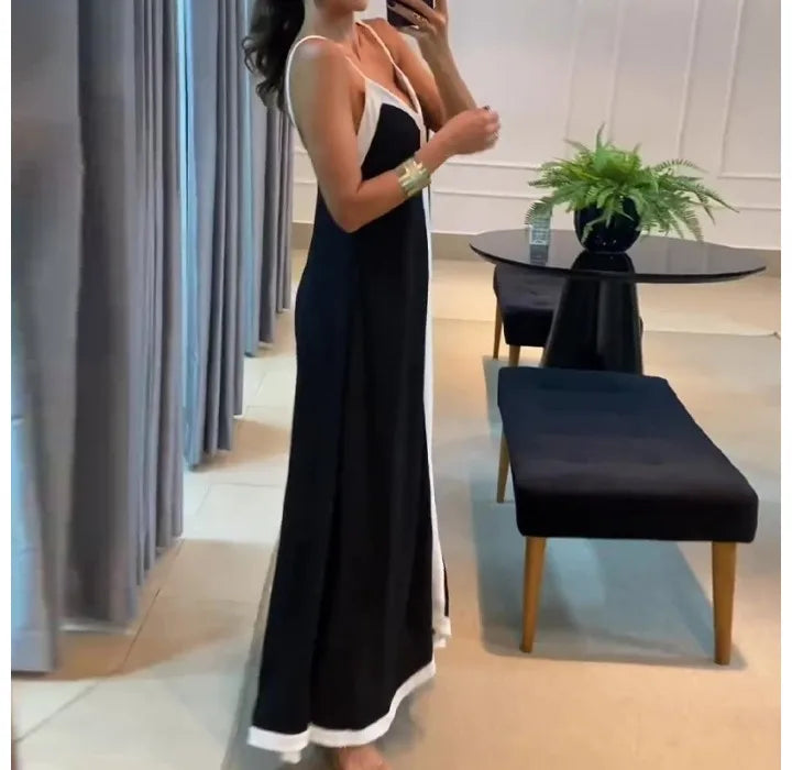 Women's Dress 2024 Summer Women's Clothing Fashion Elegant V-neck Casual Black and White Contrast Sleeveless Loose Long Dresses