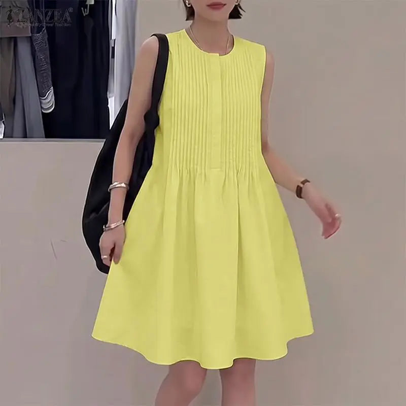 Women Bohemian Dresses Short Robe Solid Color Casual Loose Mini Vestidos 2026 ZANZEA Sleeveless Tank Summer Party Sundress
