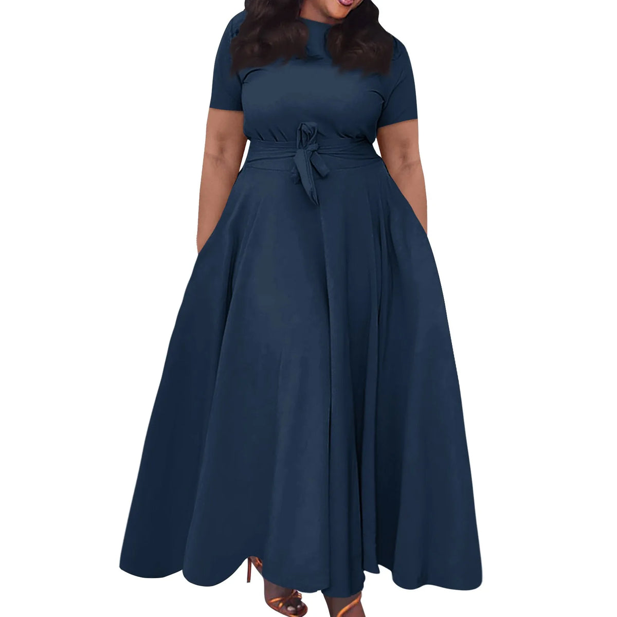 dress for women Casual Fashion Large Size sexy long dresses Solid Color Round Neck dress Short Sleeve Pocket Straps Swing elbise