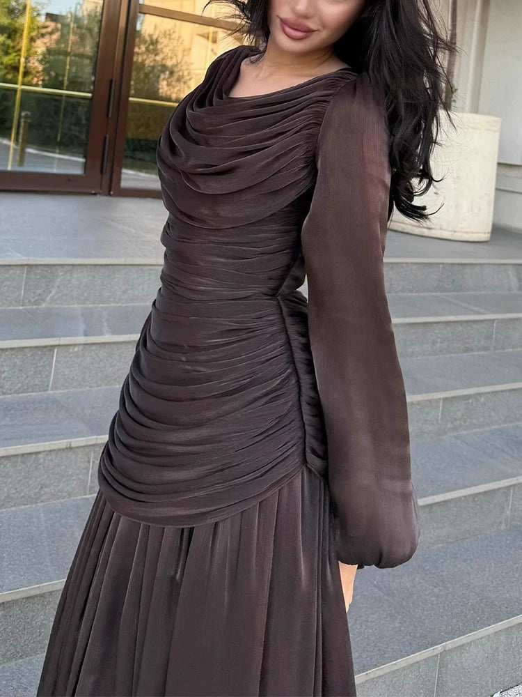 Elegant Temperament Robe Dresses 2026 New Spring Pleated Solid Color Maxi Dress Women O-neck Long Sleeved High Waist Party Dress