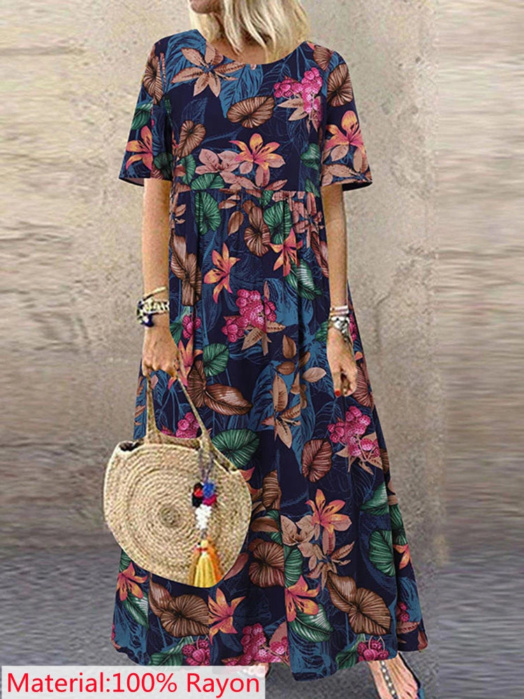 2025 ZANZEA Bohemian Holiday Sundress Summer Women Vintage Floral Printed Short Sleeve Beach Dress Loose Long Vestido Robe Femme