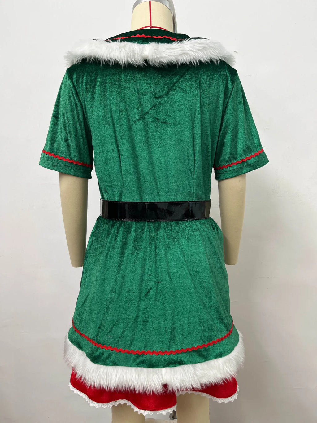 Christmas Elf Costume for Adults Men Women Couple Green Velvet Dress Suit Belt Hat Striped Stockings Xmas Party Cosplaywear