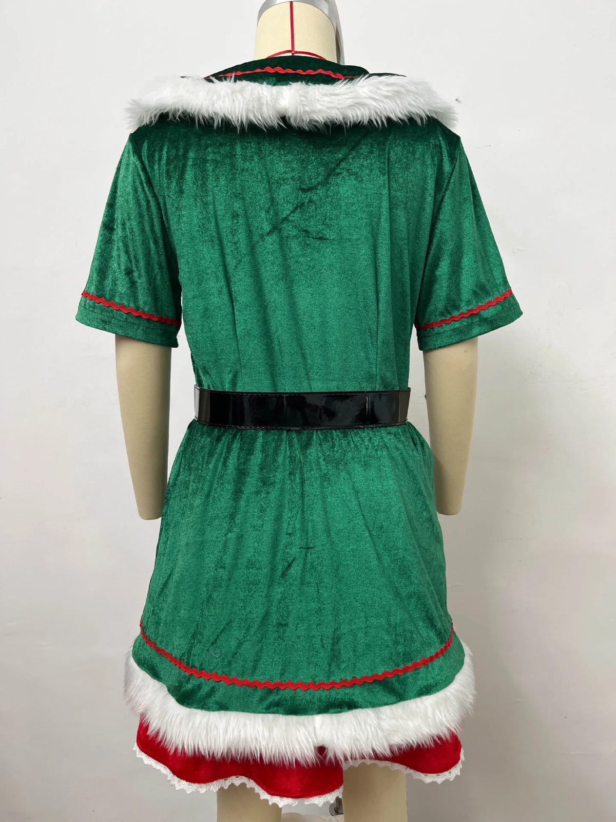 Christmas Elf Costume for Adults Men Women Couple Green Velvet Dress Suit Belt Hat Striped Stockings Xmas Party Cosplaywear