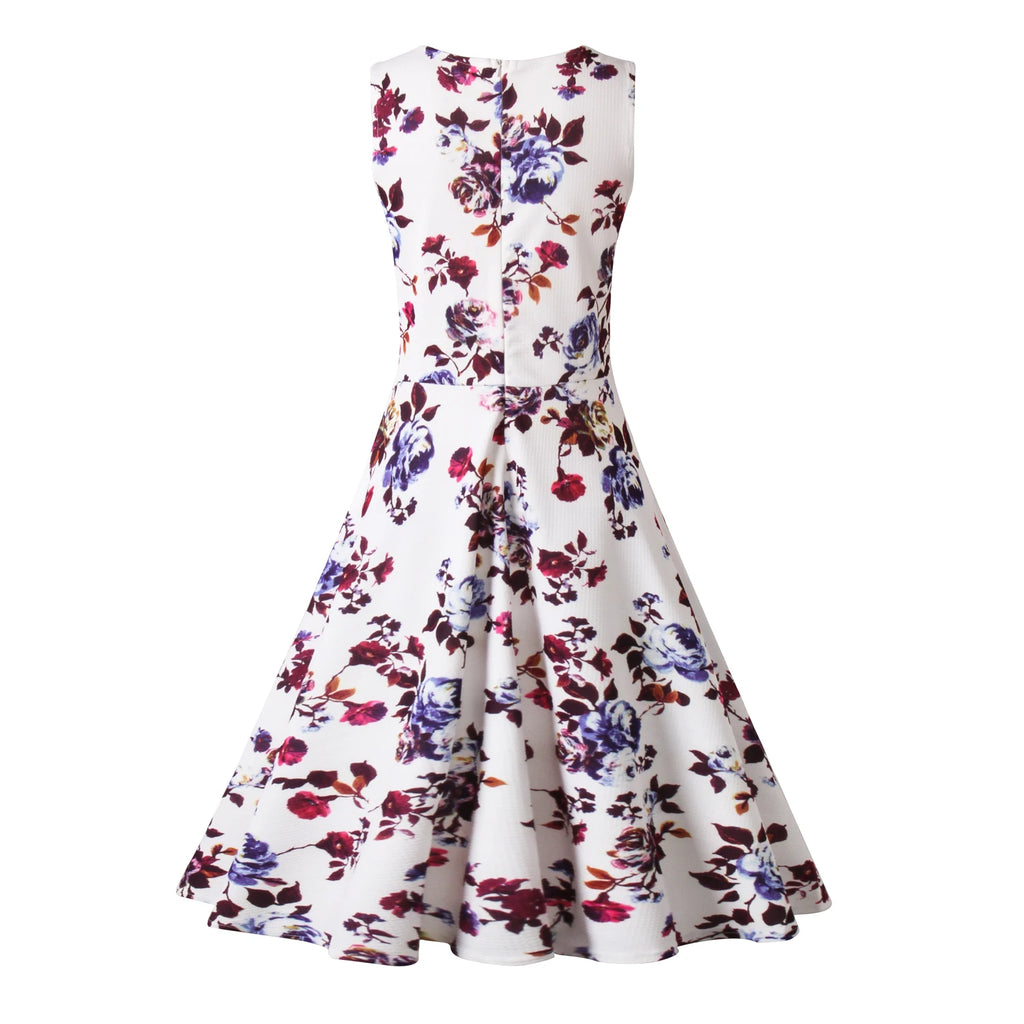 Summer Women Dress Clothing Floral Print Robe Retro Swing Casual Vintage Rockabilly