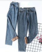 Velvet Thickened New Jeans Female Straight Pants Loose 2023 Winter Korean High-waisted Outside Wearing Warm Harun Pants