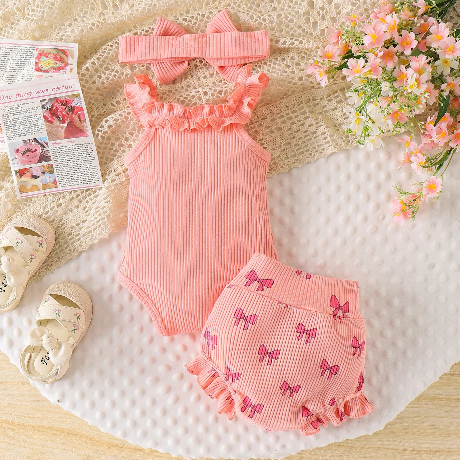 European and American children's clothing girls pink suspender Romper + shorts two-piece set baby children's clothing