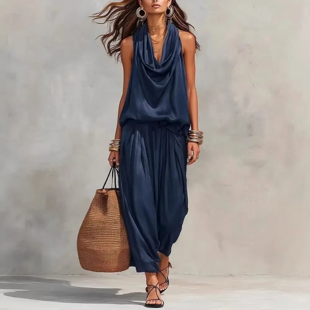Women 2 Piece Outfit Pleated Collar Sleeveless Vest & Casual Pants Set Elegant High End Commuter Matching Suit European Style