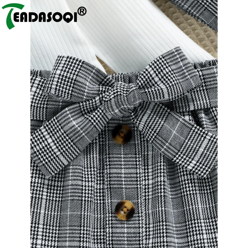 4-7Y Children Girls Clothing Outfit Solid Color Long Sleeve Ruffle Tops+Plaid Skirt With Belt+Bag Kids Girl Costume 3Pcs Set