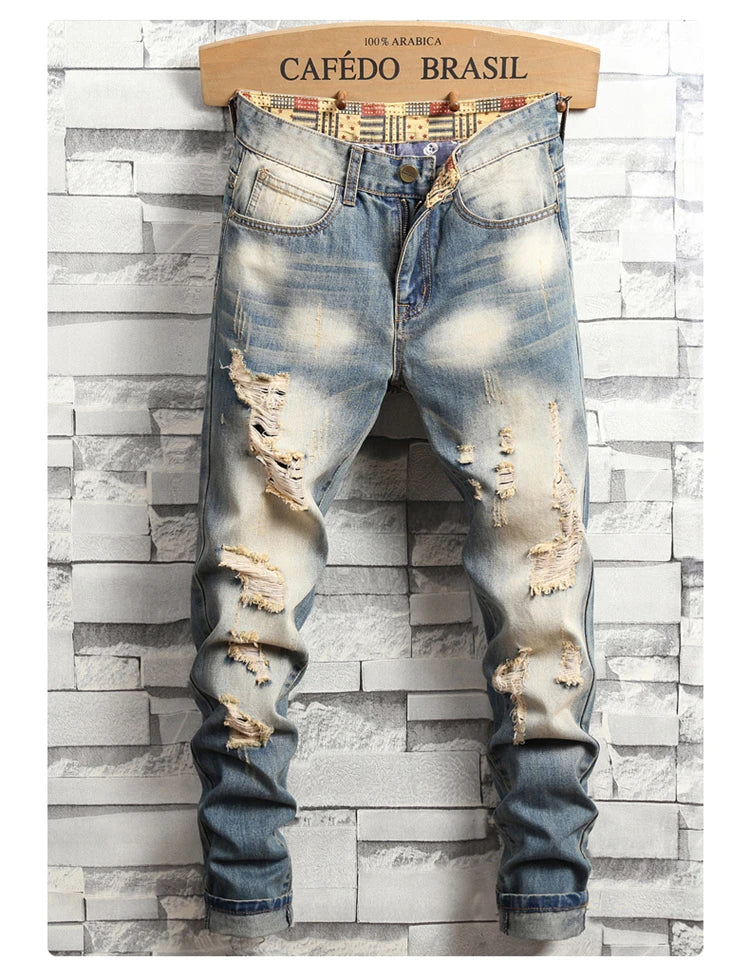 Jean homme déchiré bleu vintage – Streetwear délavé