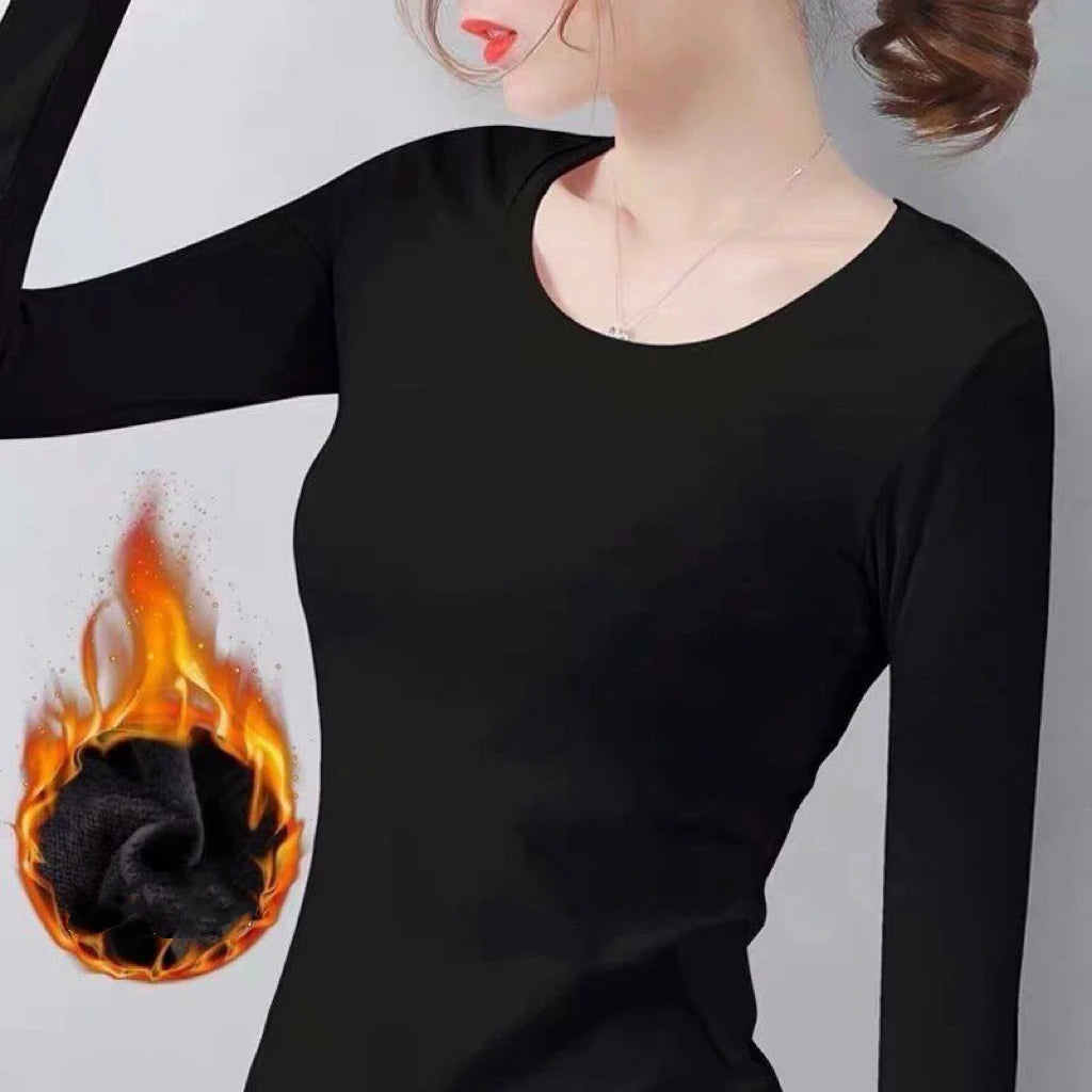 1pcs Women Velvet Thermal UnderwearT-shirt Solid Color V-Neck TShirt Winter Warm Top Female Round Neck Long Sleeve Tee Pullover