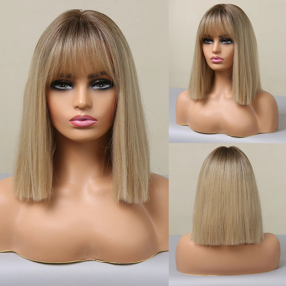 LOUIS FERRE Short Blonde Highlight Brown Bobo Wigs For Women Daily Cosplay Natural Straight Wig High Temperature Synthetic Wigs