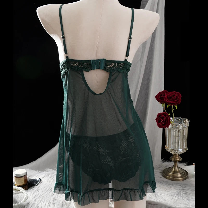 Women Lace Mesh Nightgown Set V Neck Ruffle Hem Slip Dress With Thong Sexy Bow Decor Ladies Sleepwear Lingerie