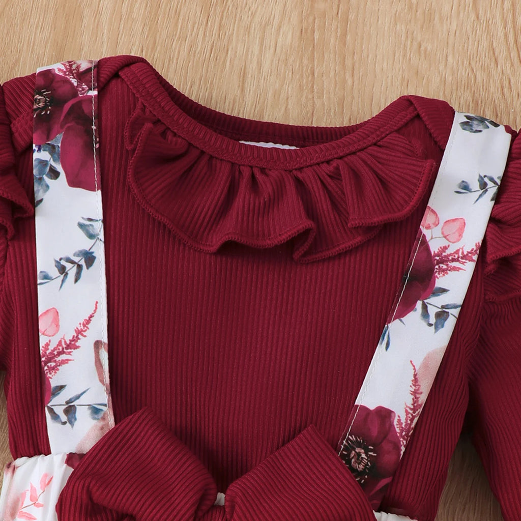 3Pcs Baby Girl Set Flying Sleeve Pit Strip jumpsuit+Printed Strap Pants+Headband Set 0-24 Months Baby Girl Spring Autumn Set