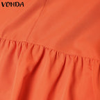 Plus Size VONDA Women Bohemian Dress 2025 Summer Sundress Solid Color Casual Short Sleeve Party Ruffled Vestidos V-Neck Robe