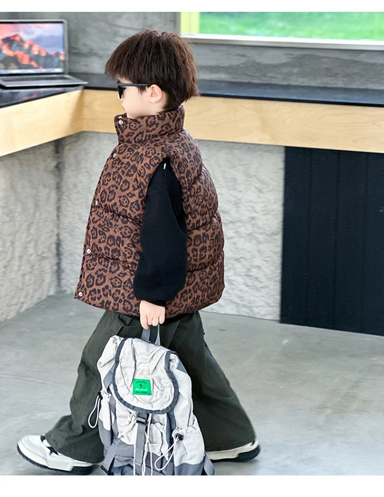 New Fashion Baby Boy Girl Leopard Print Sleeveless Vest Elegant Kids Children Winter Waistcoat Age 2 3 4 5 6 7 8 9 10 11 Years