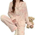 Pyjama femme rose à rayures et nœuds – Ensemble long