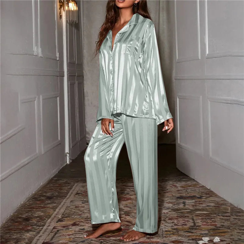 Sleepwear Summer Wear New Women's Youth Stripe Ice Silk Thin Short Sleeved Trousers Sets Pajamas Home Clothing Set Femme