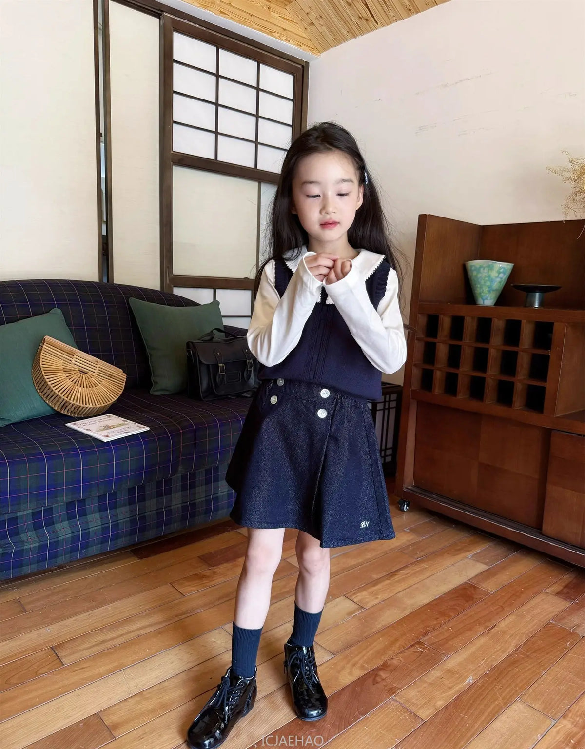 Teen Girl Clothes Children  Waist Shell Button Denim Skirt and Top Kids Versatile Casual Outfits Costumes Vintage Girls Elastic