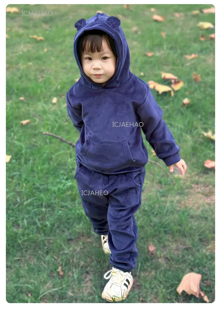 Boys Girls Velvet Warm Long Sleeve Hooded Outfit Set Children Clothing Casual Tracksuit Outdoor Wear Autumn Winter Kids Clothes