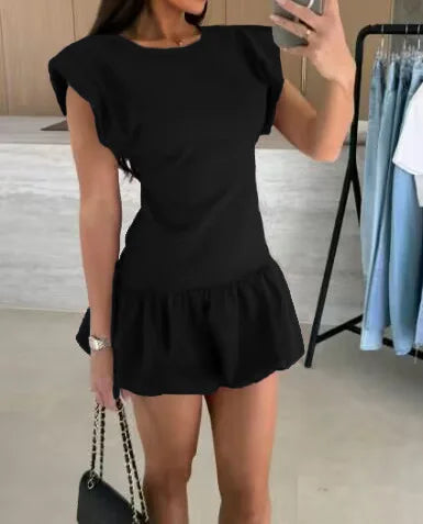 2026 Casual Dresses For Ladies A-line Dress Vestidos Simple Style Slim Ruffles Short Sleeves Solid Color All-match Simple Style