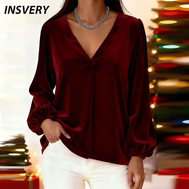 Fashion V Neck Velvet Shirts For Women Casual Long Sleeve Blouses Female Autumn Winter Party Shirt Red Christmas Tops