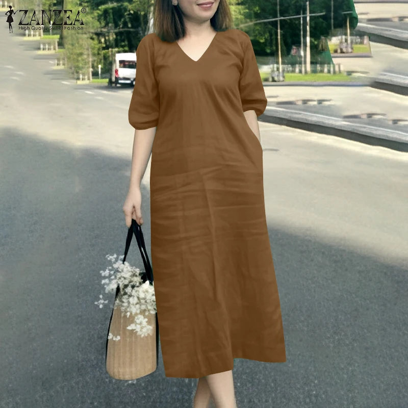 ZANZEA 2025 Fashion Summer Dress Women V Neck Short Sleeve Holiday Sundress Casual Loose Party Work Vestidos Kaftan Robe Femme