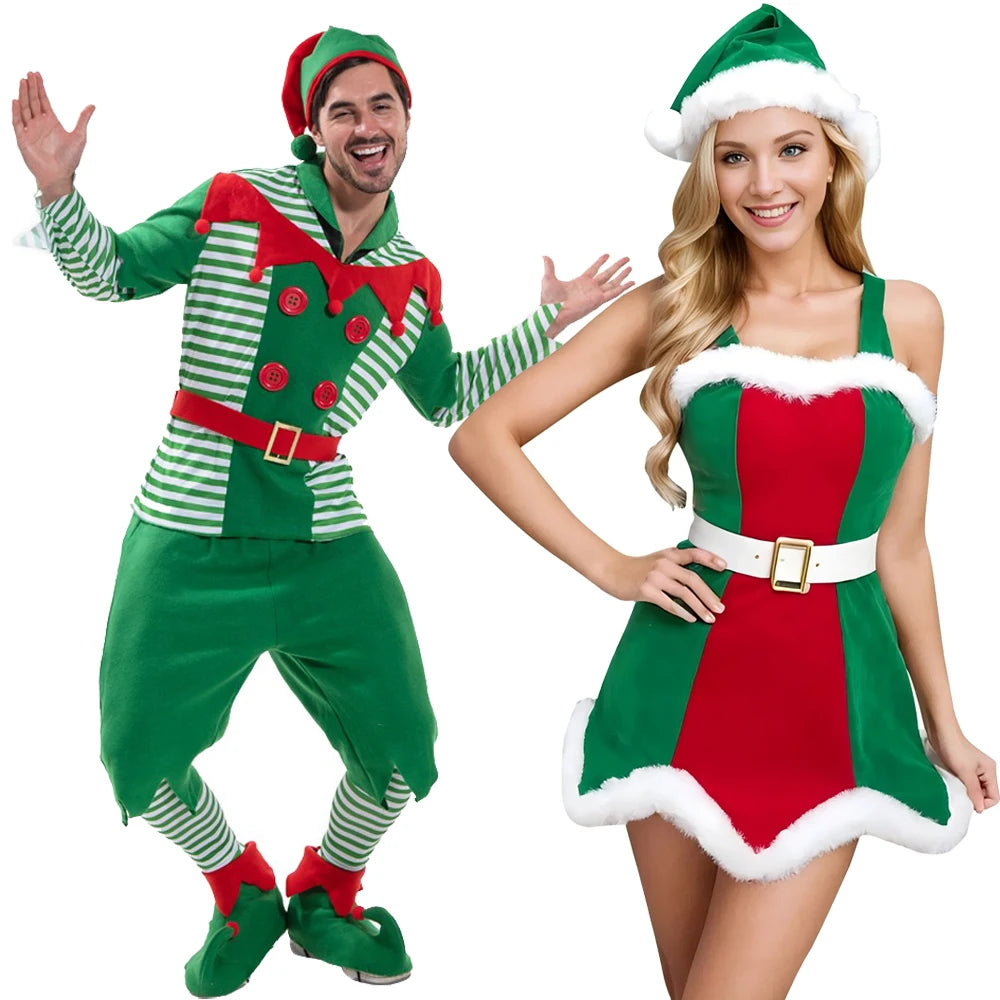 Zawaland Christmas Elf Costumes Dress Belt Hat Cosplay Family couple Carnival Party New Year Fancy Dress Up Set For Men Women