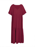 plus Size Women's Casual Loose V-Neck Solid Long Dress Spring Summer Pleated Big Size Women's Dress