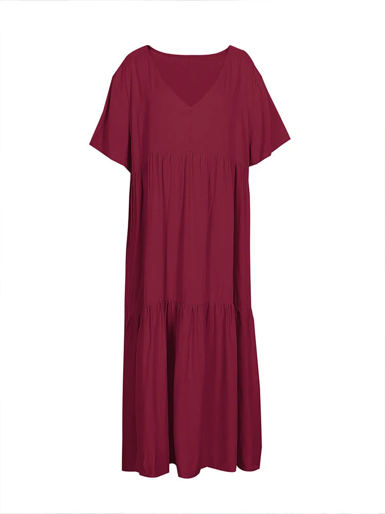 plus Size Women's Casual Loose V-Neck Solid Long Dress Spring Summer Pleated Big Size Women's Dress
