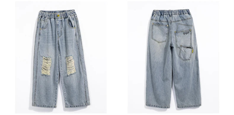 Distressed Designer Kids Desroyed Ripped Jeans Trousers with Holes On Knee for Boys Casual Broken Denim Pants 5 6 8 9 10 12 14 Y