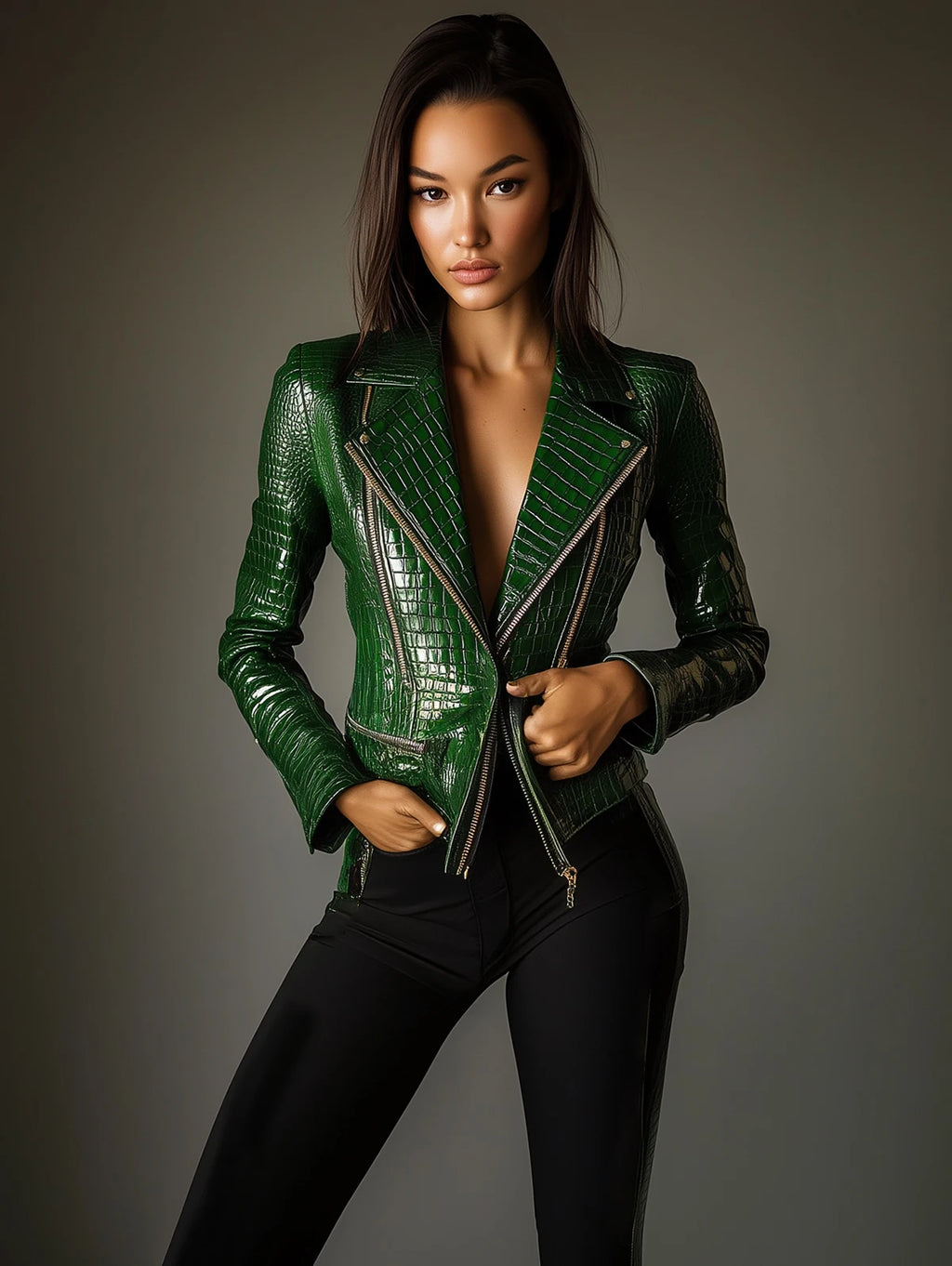 Veste Cuir PU Femme Motif Crocodile – Taille Haute Poches Streetwear Zipée