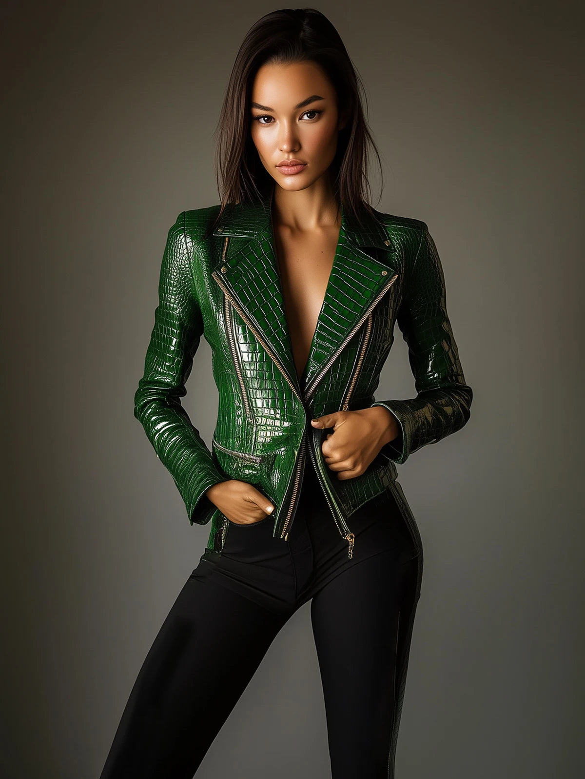 Veste Cuir PU Femme Motif Crocodile – Taille Haute Poches Streetwear Zipée