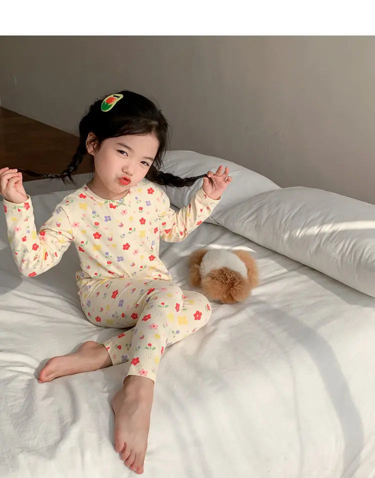2026 Children's Sets Kids Velvet Pajamas Set Floral Long Sleeve Thermal Loungewear for Baby Girls & Boys Home Wear Clothes
