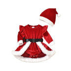 Baby Girl's Christmas Velvet Dress with PP shorts & Hat Set ,Pom pom Trim baby girl clothes,크리스마스 아기의상 ,vestido bebê menina luxo