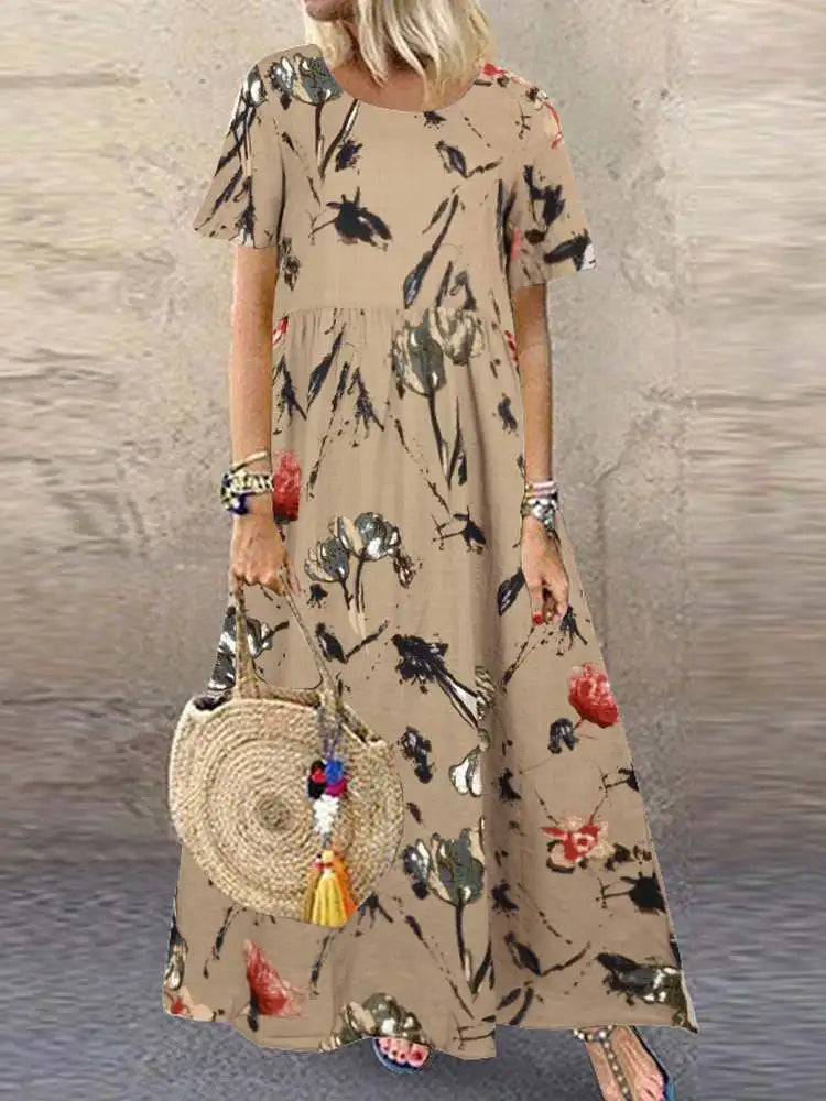 2025 ZANZEA Bohemian Holiday Sundress Summer Women Vintage Floral Printed Short Sleeve Beach Dress Loose Long Vestido Robe Femme