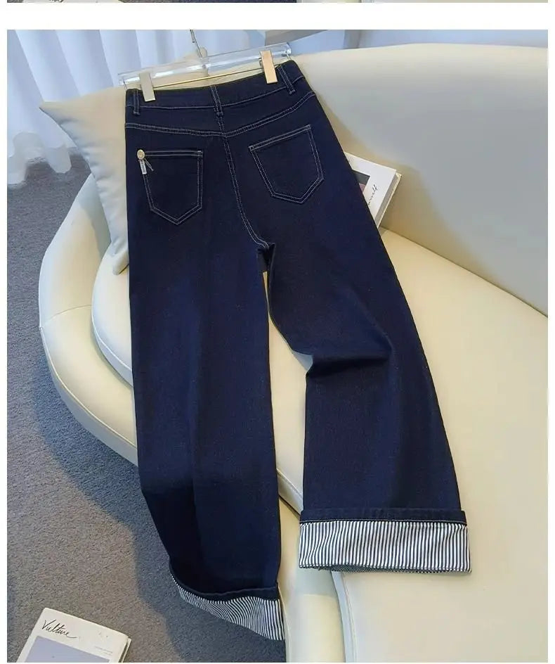 Jean femme wide leg délavé – Revers rayé streetwear