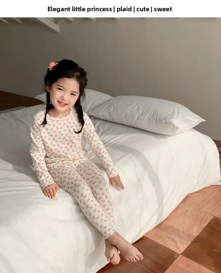2026 Children's Sets Kids Velvet Pajamas Set Floral Long Sleeve Thermal Loungewear for Baby Girls & Boys Home Wear Clothes