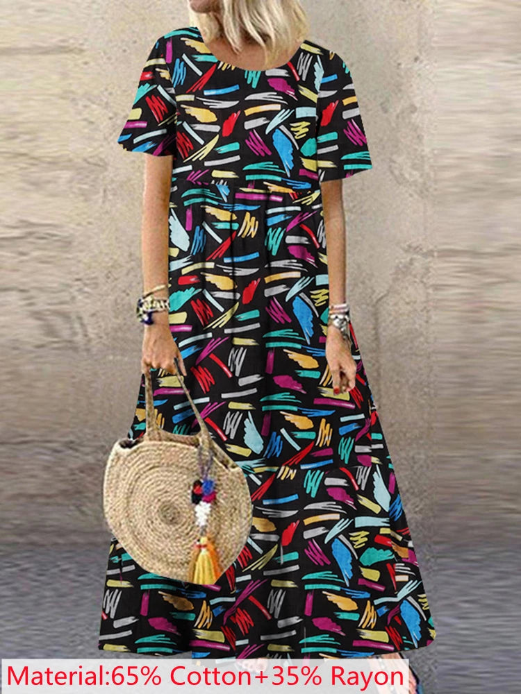 2025 ZANZEA Bohemian Holiday Sundress Summer Women Vintage Floral Printed Short Sleeve Beach Dress Loose Long Vestido Robe Femme