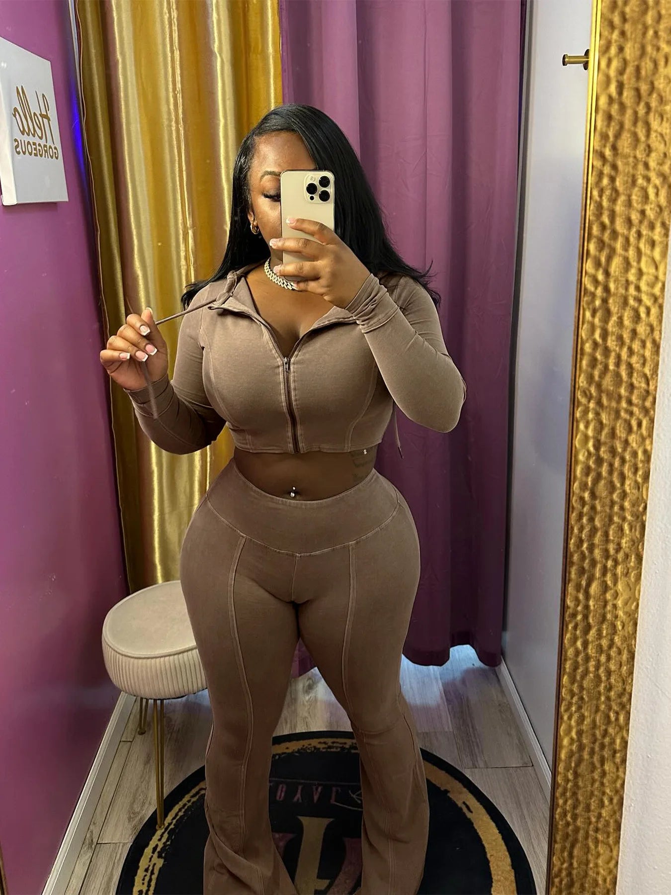 Ensemble 2 Pièces Femme – Veste À Capuche + Pantalon Évasé Taille Haute Sport