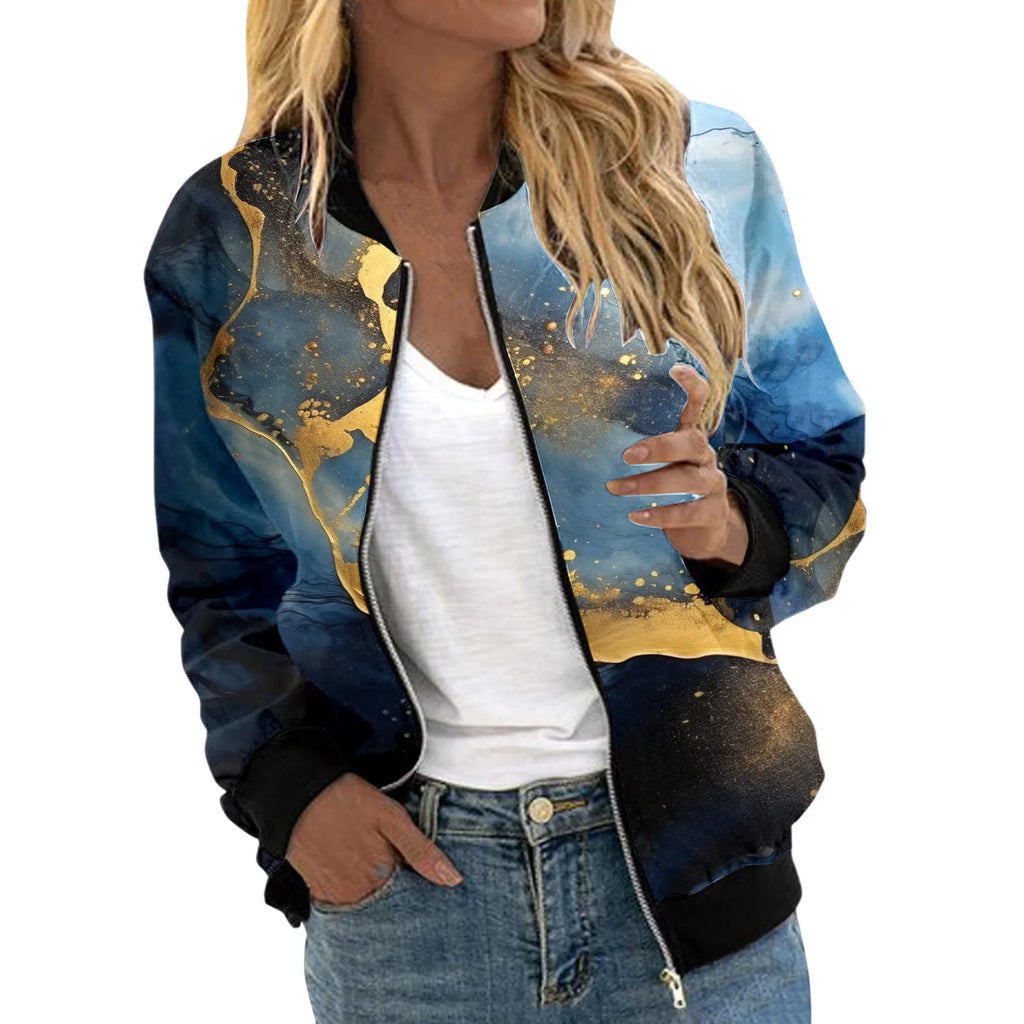 Veste Bomber Femme Imprimé Floral – Courte Zipée Casual Automne Hiver