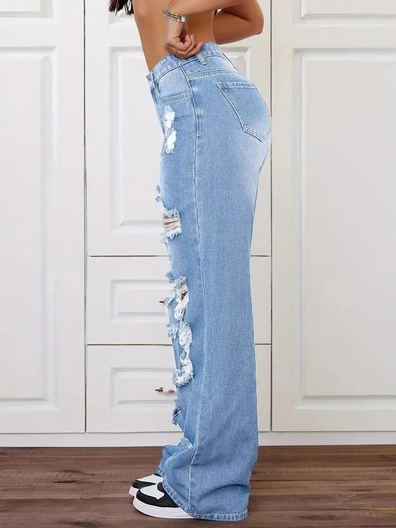 Jean femme taille haute déchiré – Coupe wide leg streetwear