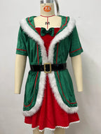 Christmas Elf Costume for Adults Men Women Couple Green Velvet Dress Suit Belt Hat Striped Stockings Xmas Party Cosplaywear