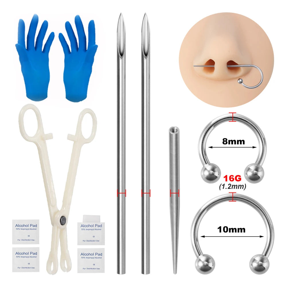 Body Piercing Kit Surgical Steel Threaded Taper Pin Needles Lip Nose Tongue Cartilage Eyebrow Navel Piercing Jewelry Tool Pliers