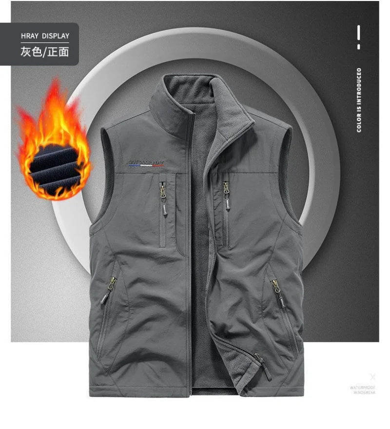 Men's Thickened Double-Sided Fleece Vest for Outdoor Sports Warm Comfortable Fleece Jacket Attached Multipurpose Vest