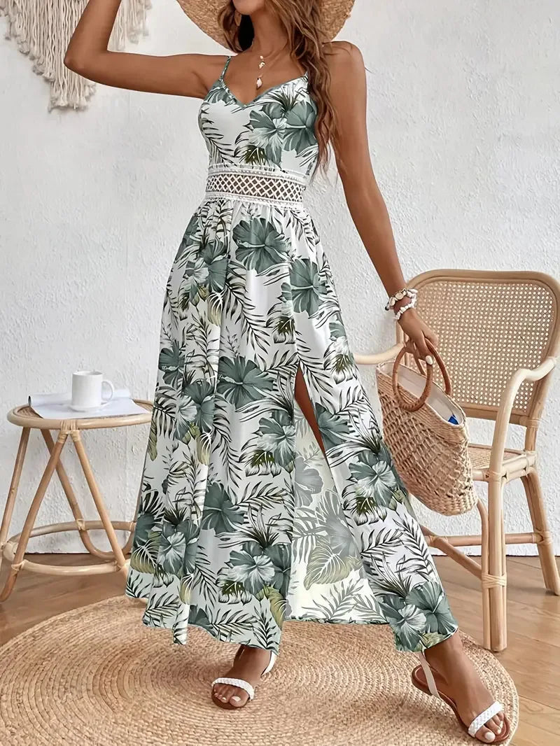 Robe Femmes V-neck Suspender Bohemian Style Fashion Printed Hem Slit Loose Dress Womens Summer New Beach Resort Style Long Skirt