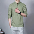 Men's Clothing  Men Spring Tops & Tees Male Fashion T-Shirts Stand Collar Long-sleeved Slim Base Shirt Homme Linen t-shirt