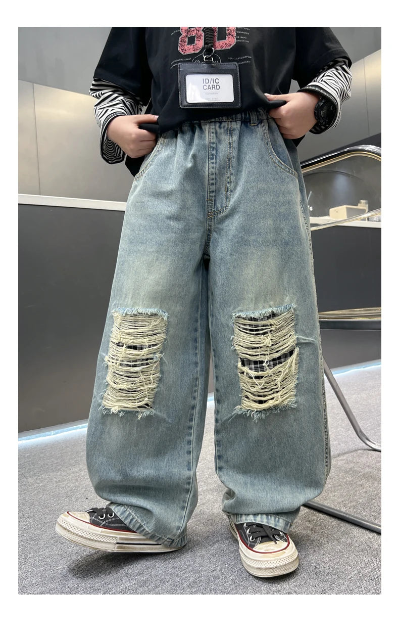 Distressed Designer Kids Desroyed Ripped Jeans Trousers with Holes On Knee for Boys Casual Broken Denim Pants 5 6 8 9 10 12 14 Y