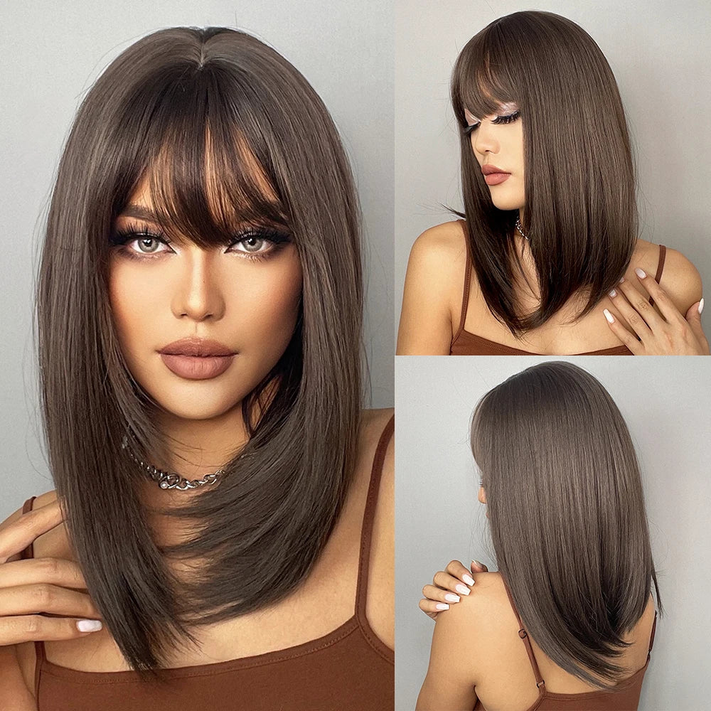 LOUIS FERRE Short Blonde Highlight Brown Bobo Wigs For Women Daily Cosplay Natural Straight Wig High Temperature Synthetic Wigs